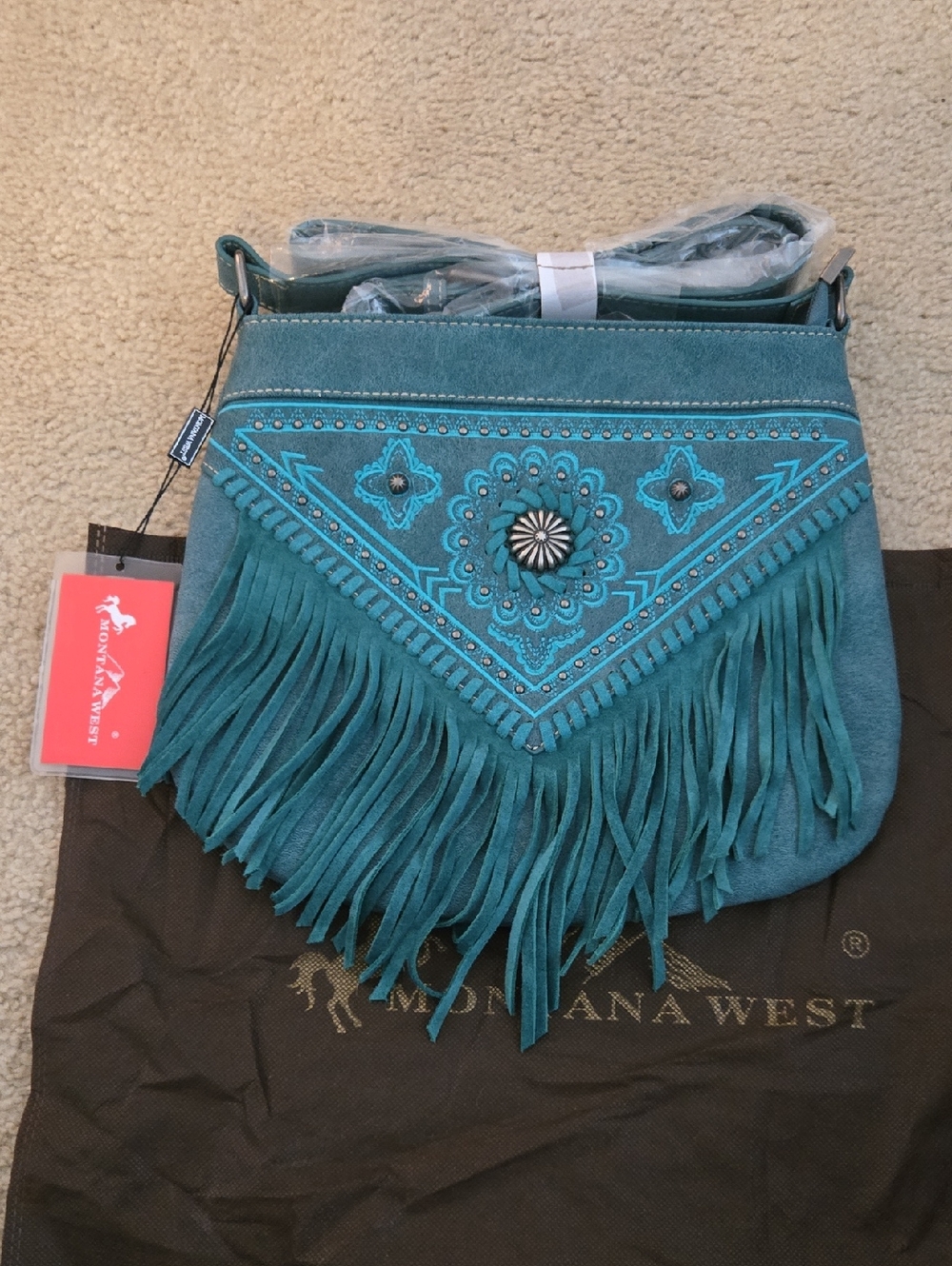 Montana West Teal Fringe Concho Crossbody Bag